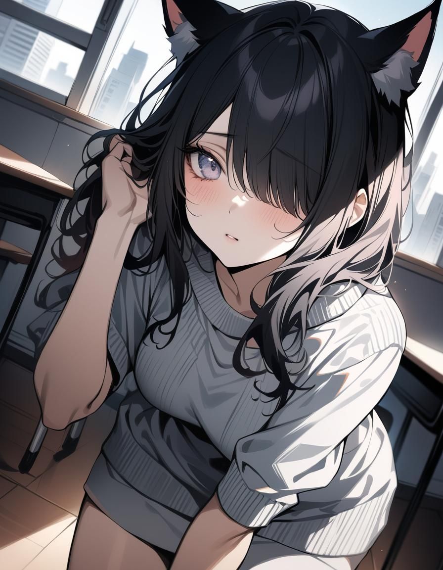 Hyperrealistic Catgirl in Cinematic Classroom