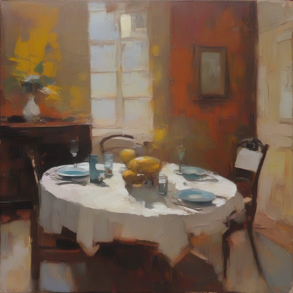 Abstract Modern Dinner Table Scene in Oil Painting