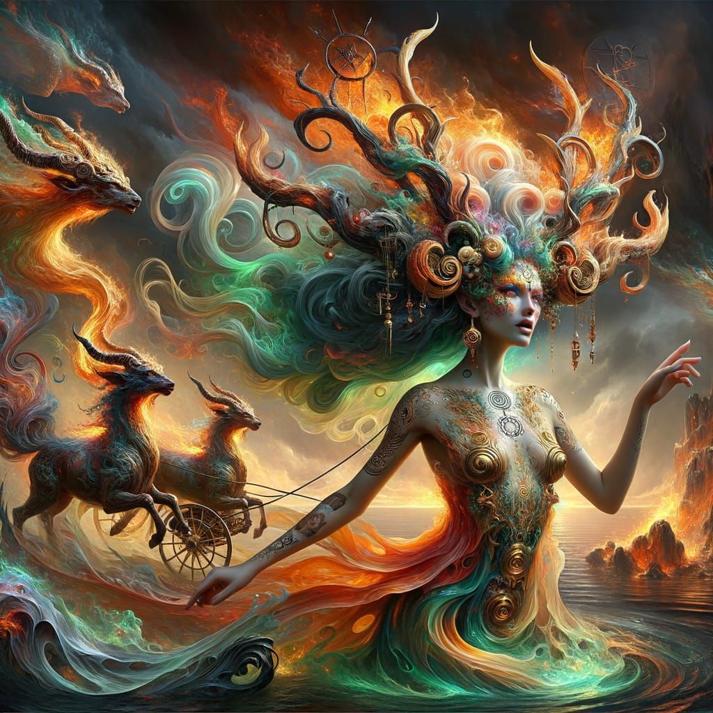 Hyper-Realistic Female Satyr Riding Apollo's Chariot