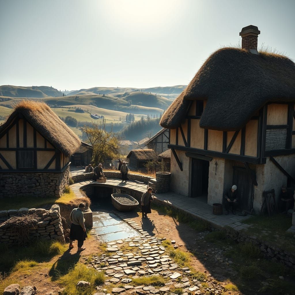 Medieval Mill Scene in Hyperrealistic Daylight