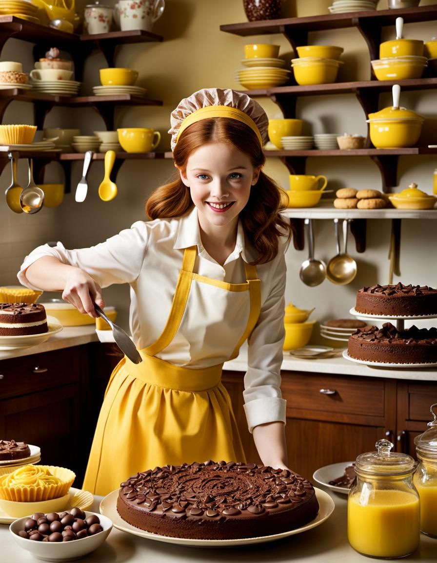 Woman in Kitchen with Desserts, Folk Art Style
