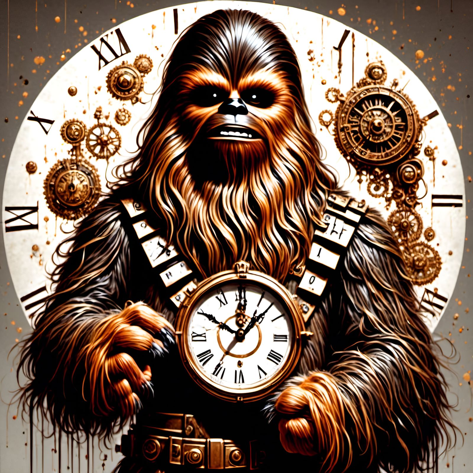 Chewbacca Portrait Holding Intricate Clock