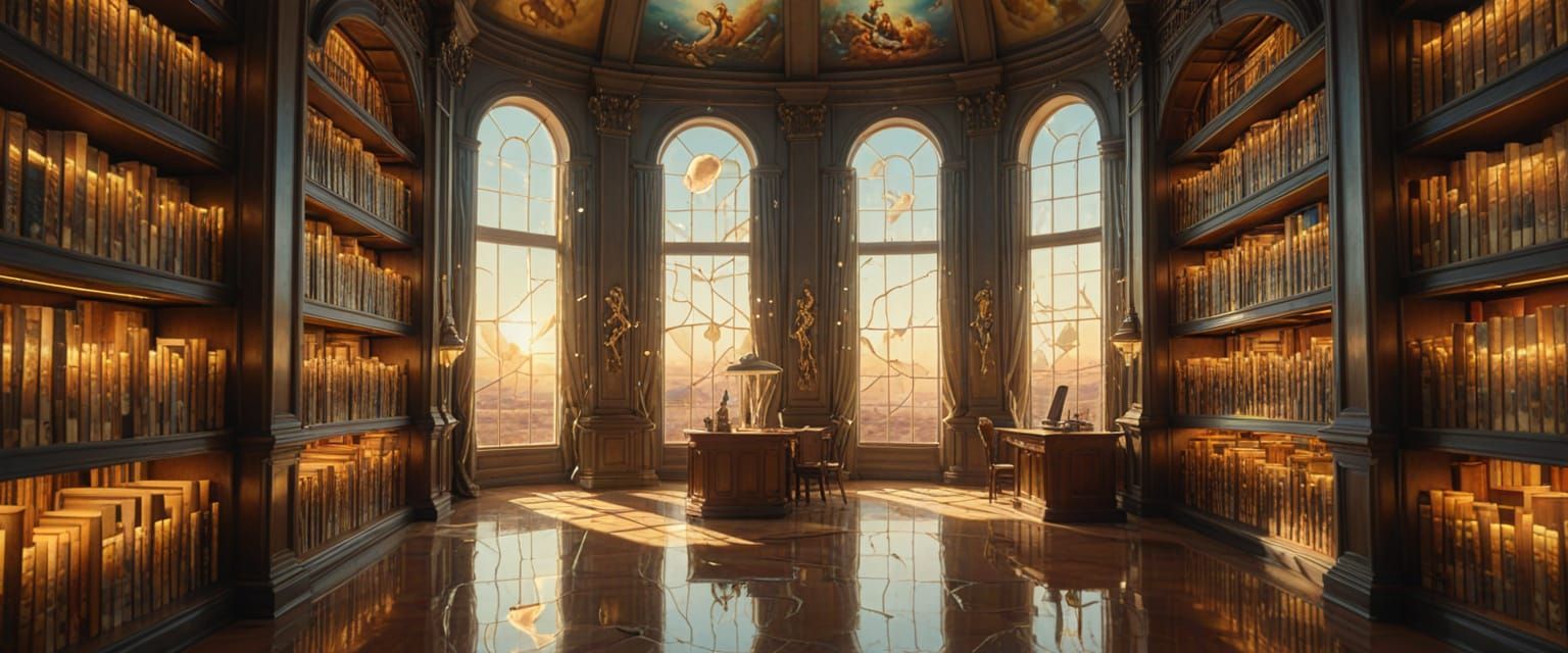 Surreal Library of Knowledge in Digital Art Style