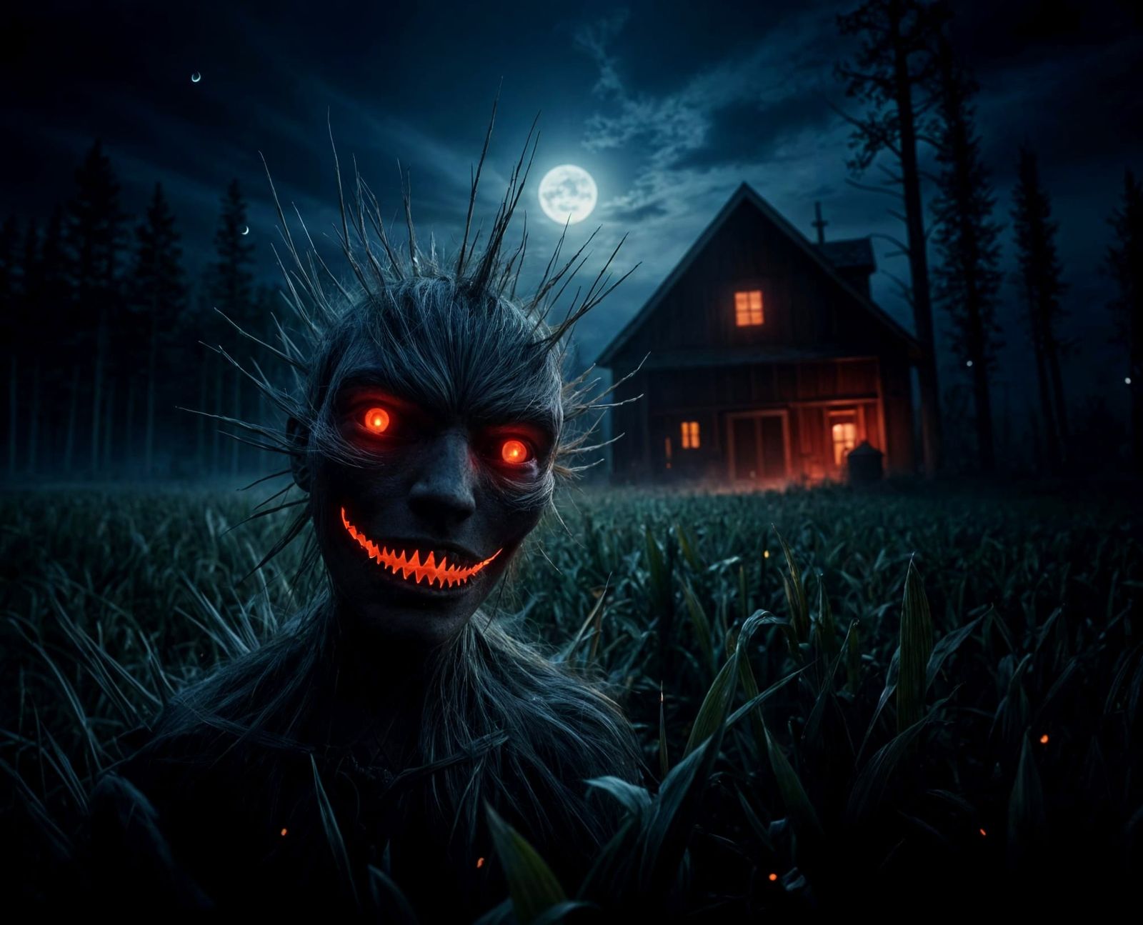 Sinister Scarecrow Head in Moonlit Cornfield