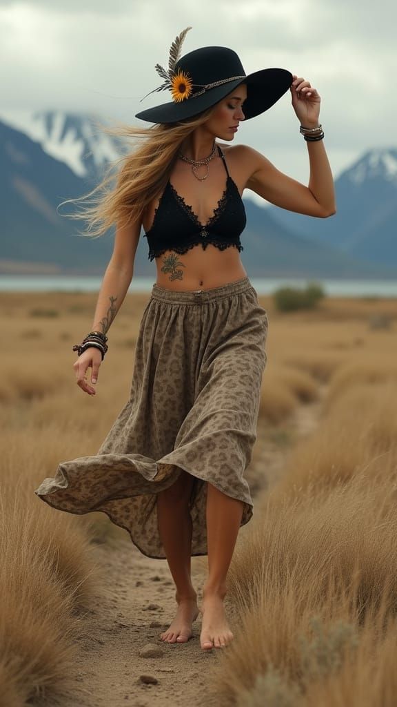 Bohemian Woman in Windswept Field: Hyper-Realistic Image