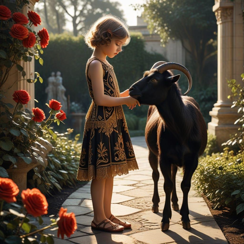 Girl in Flapper Dress Feeds Black Goat in Art Deco Garden