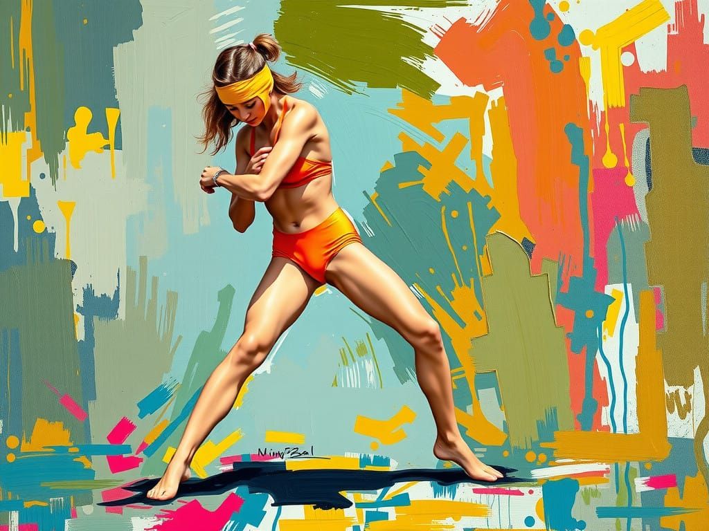 Female Wrestler in Neo-Impressionist Oil Painting