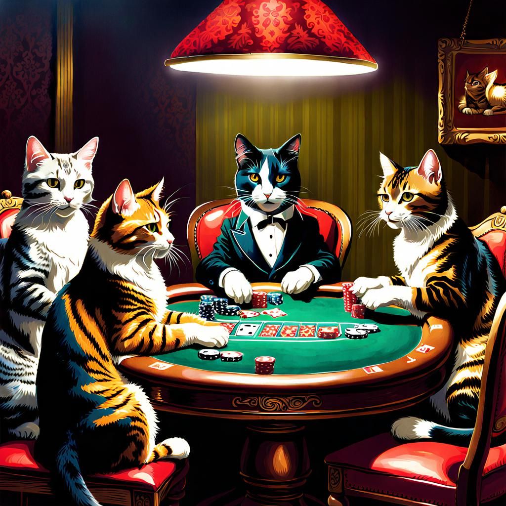 Anthropomorphic Cats Playing Poker Game