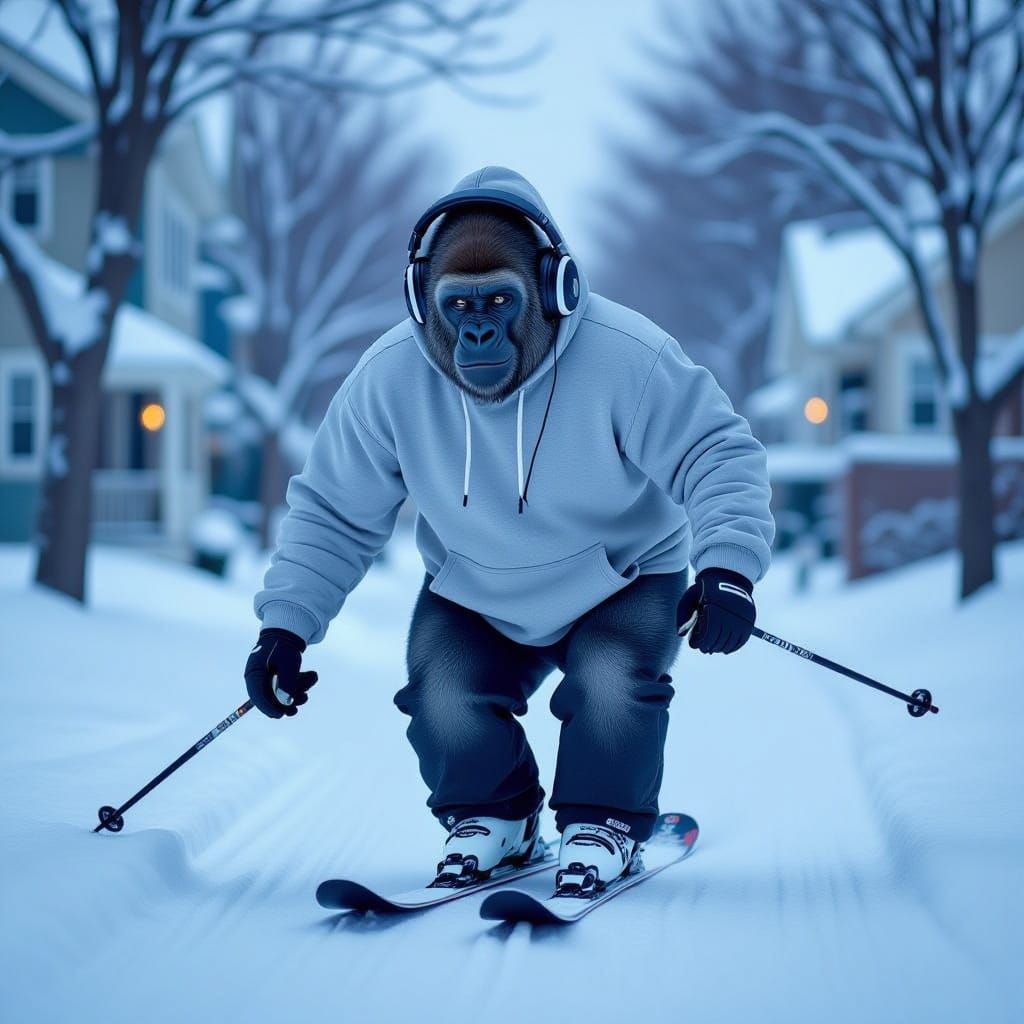Gorilla Skier in Snow: Hyperrealistic Digital Art