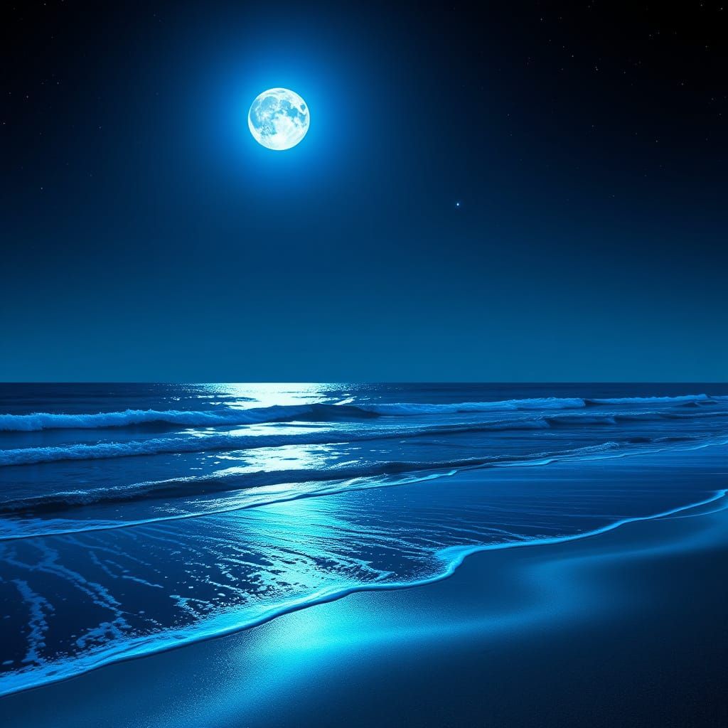 Nocturnal Beach Oasis with Electric Blue Waves and a Full Mo...