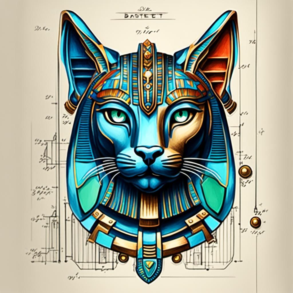 Detailed Patent Drawing of Bastet, Colorful Art