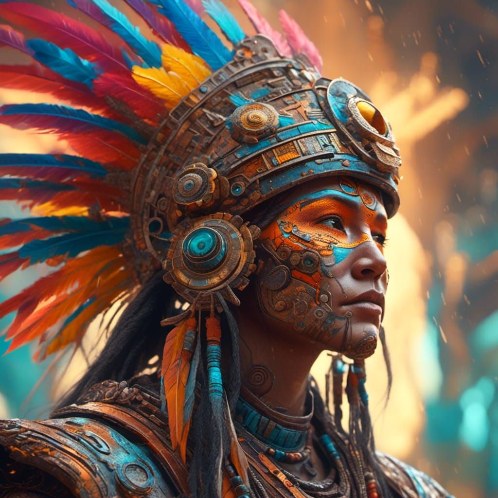 Futuristic Aztec Warrior in Hyperrealistic Style