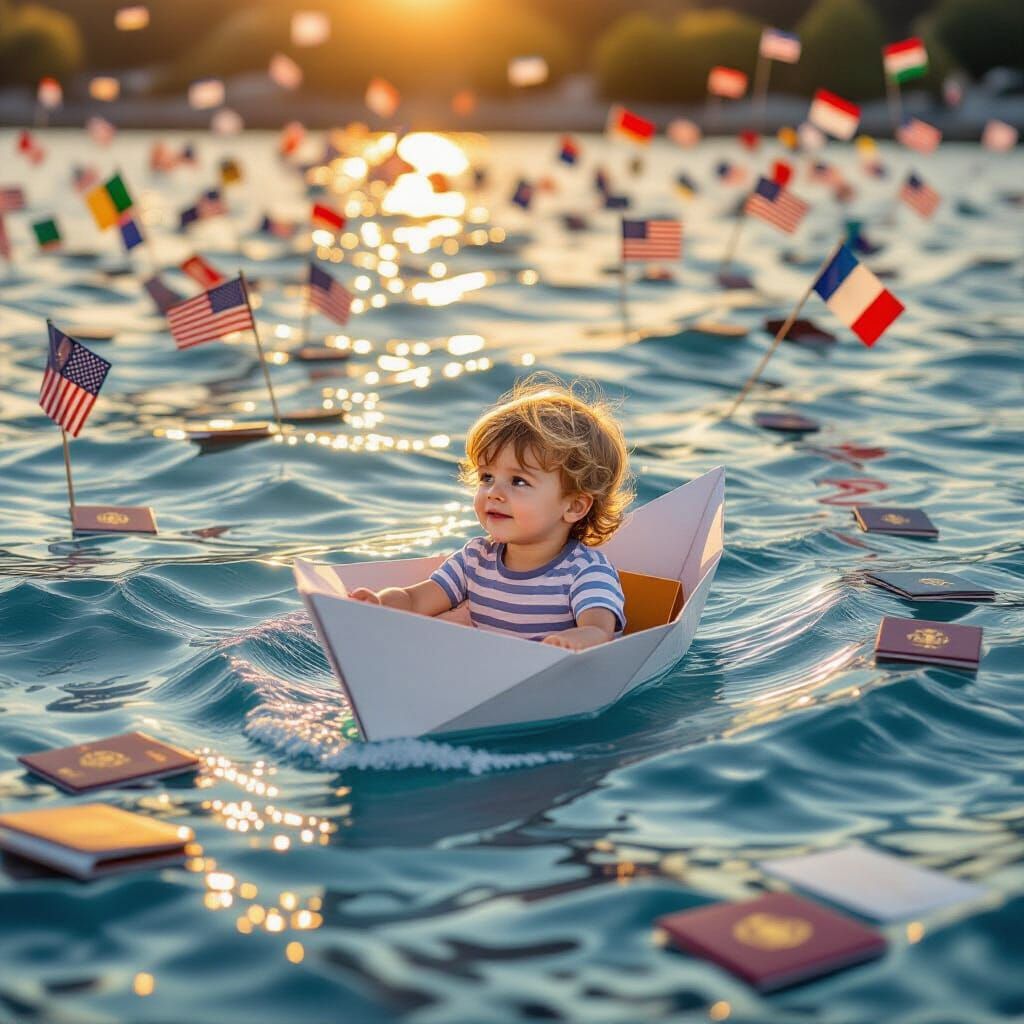 Child Sails Passport Sea in Paper Boat