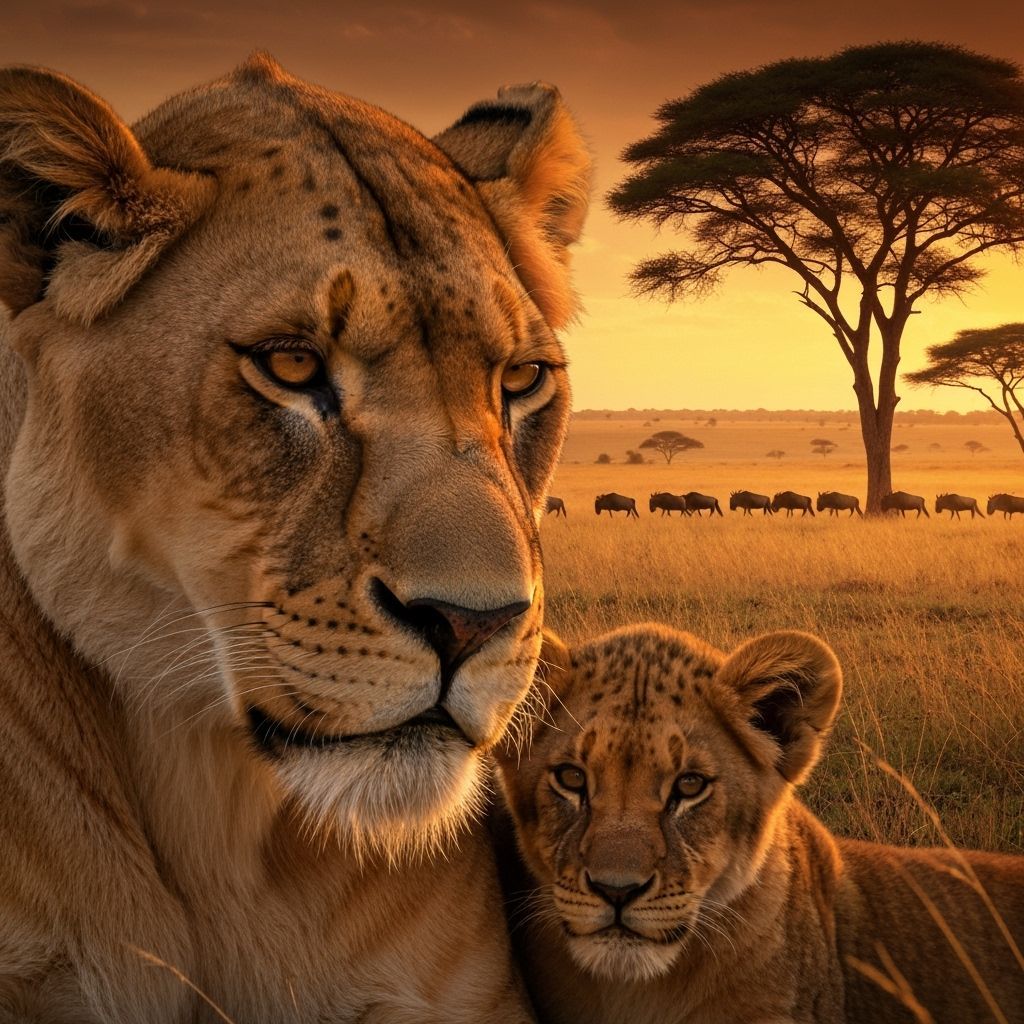 Lioness and Cub in Golden Savannah Sunset