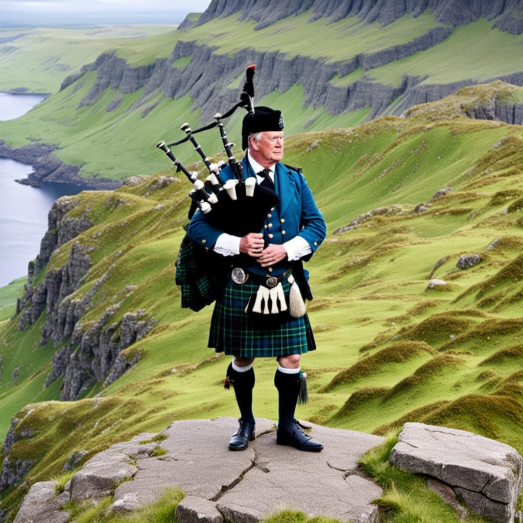An elderly Scotsman standing on a cliff and playing the bagpipes.