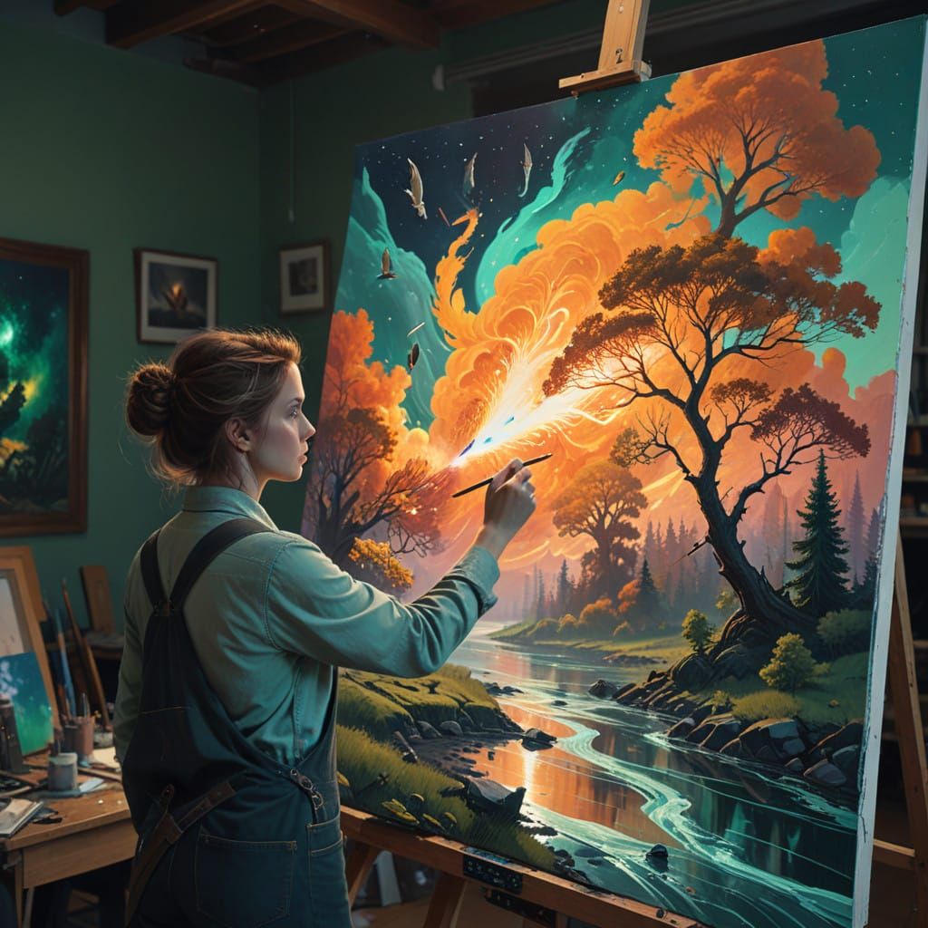 Cinematic Film Still of Artist's Vibrant Landscape Scene Com...