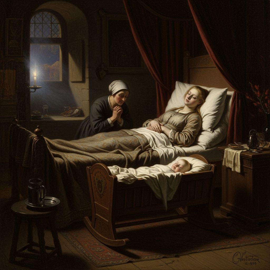 Noblewoman in Dim Castle Bedroom with Cradle