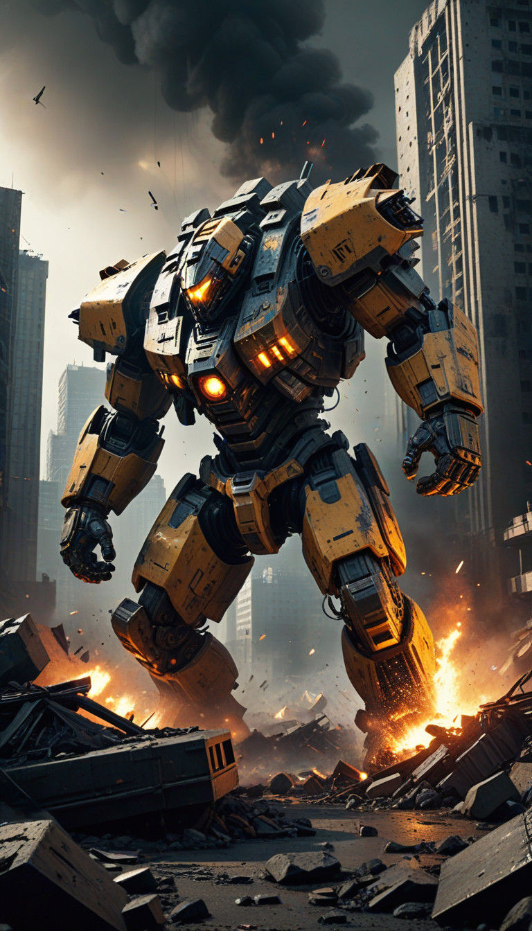 Cyberpunk Apocalypse: Mech Battle in a War-Torn City