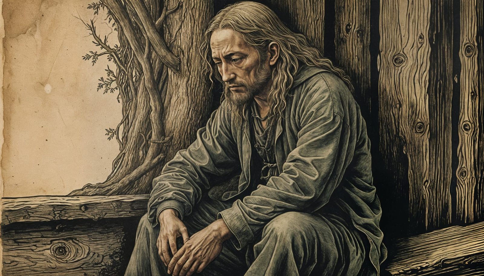 Melancholy Figure in Woodcut Style