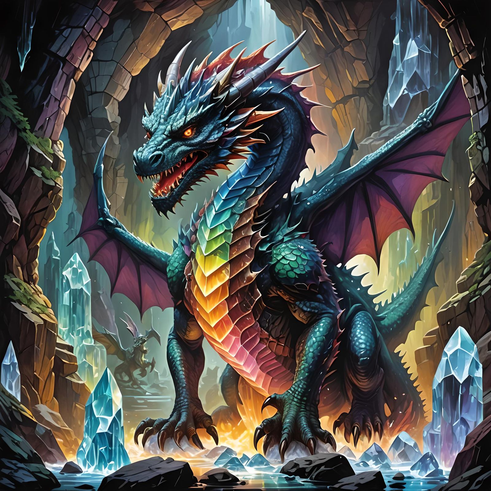 Chromatic Dragon in Crystal Cave, 80s Fantasy Art