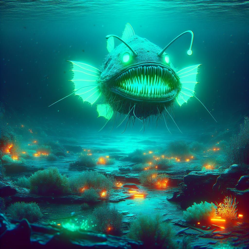 Cyberpunk Anglerfish Reigns Over Neon Ocean Depths