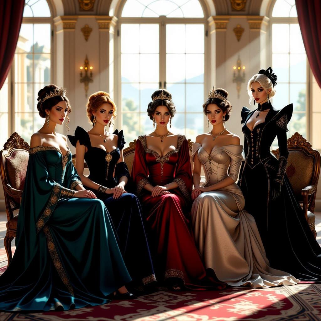 Elegant Women from Different Eras in Lavish Room