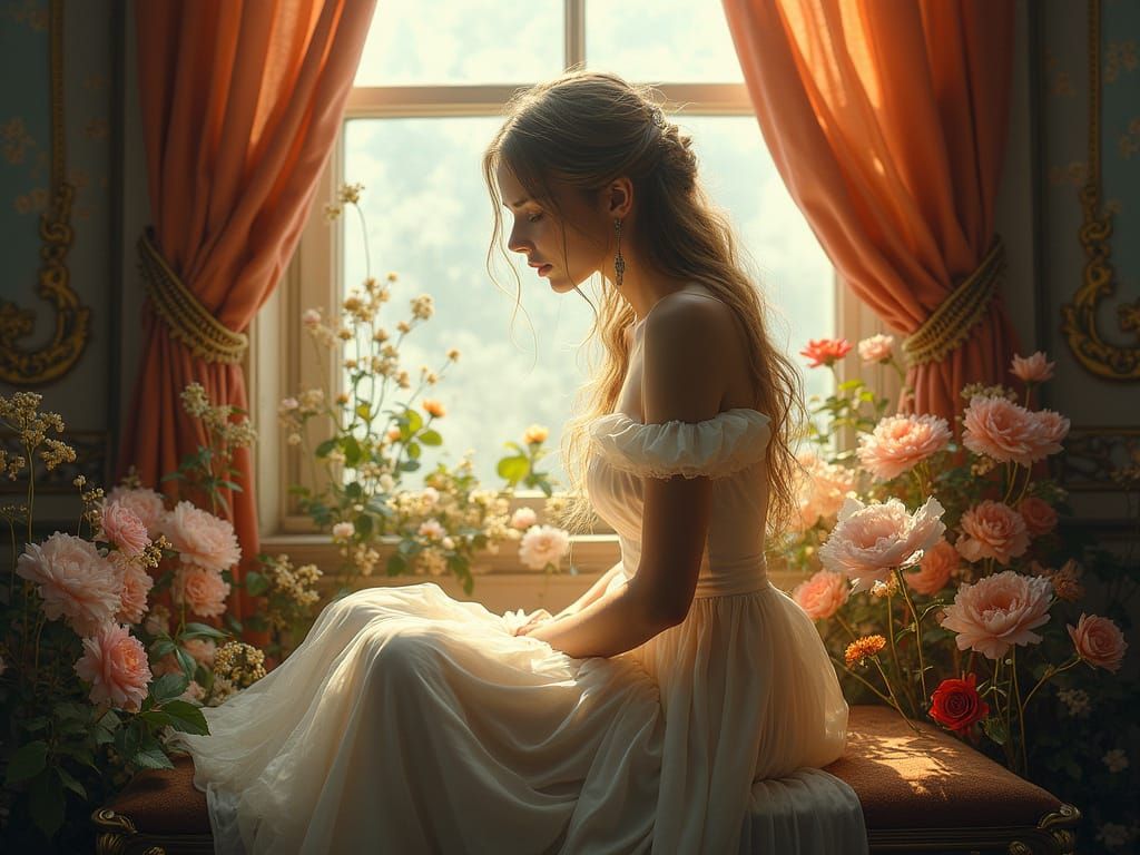 Dreamlike Female Figure Amidst Shimmering Flowers in Soft Lu...