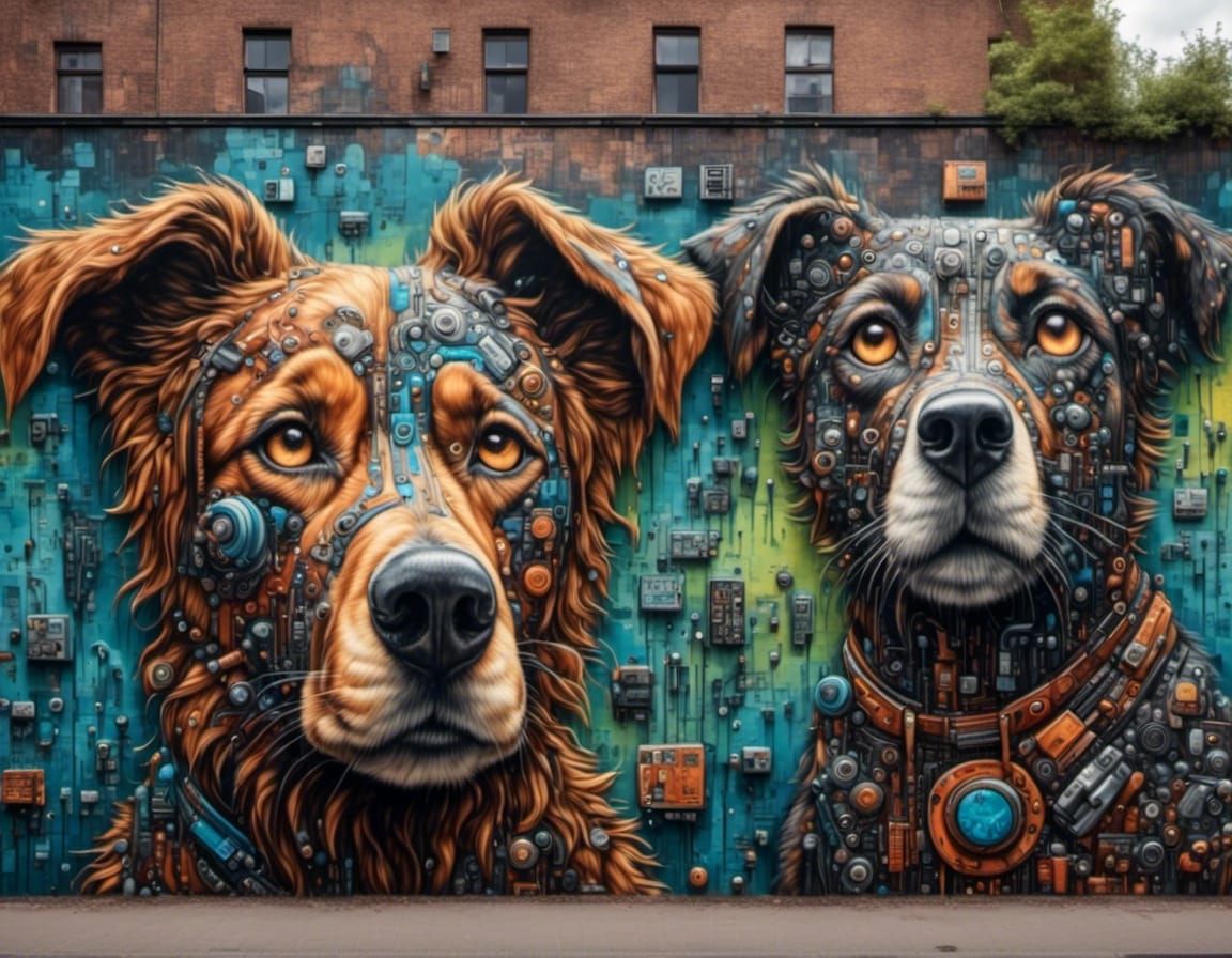 Stray Dogs Gaze at Detailed Urban Graffiti Art