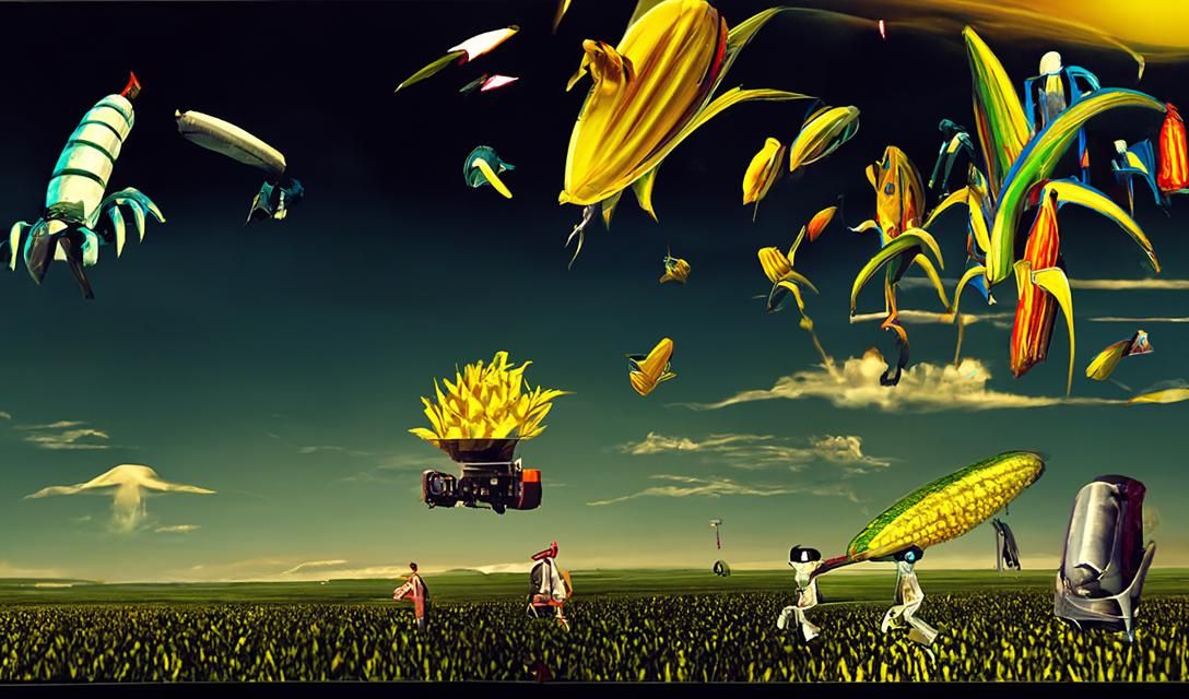 Evil Corncobs in Cyberpunk Cornfields: Digital Art