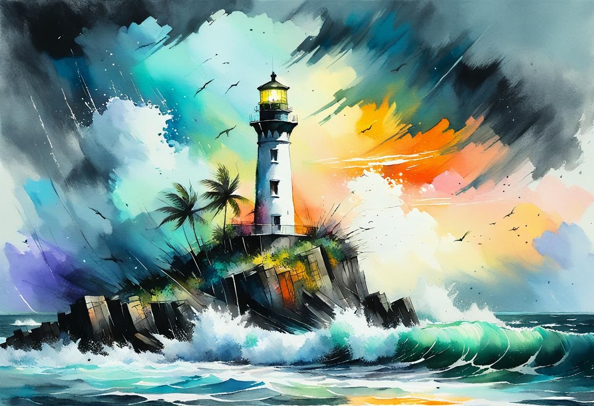 Tropical Lighthouse in Summer Storm, Impressionist Gouache