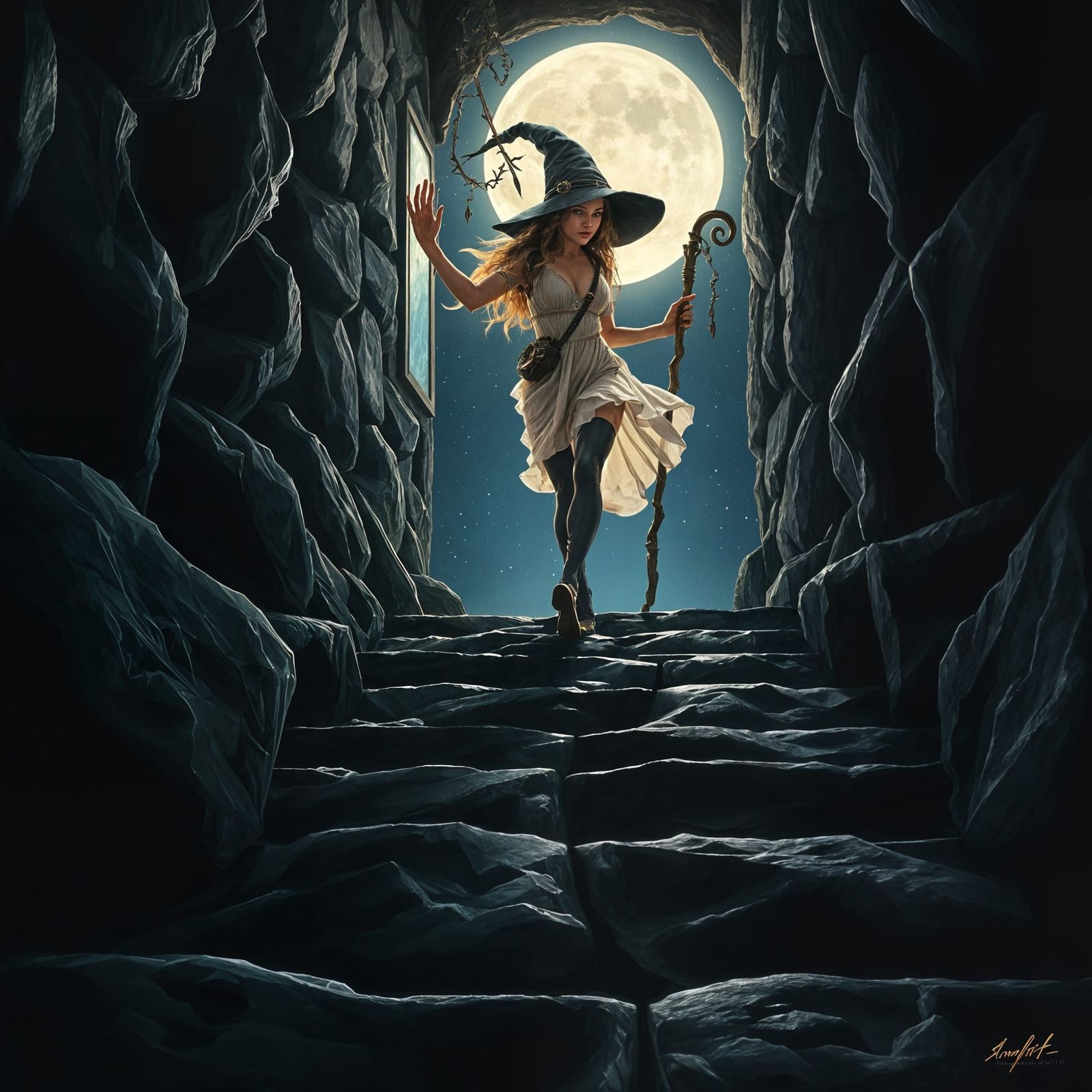 Fantasy Witch Descends Obsidian Staircase by Moonlight