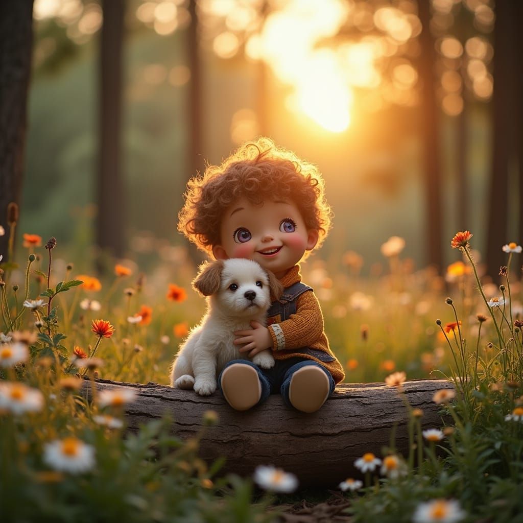 Happy Hippie Doll with Puppy at Sunrise