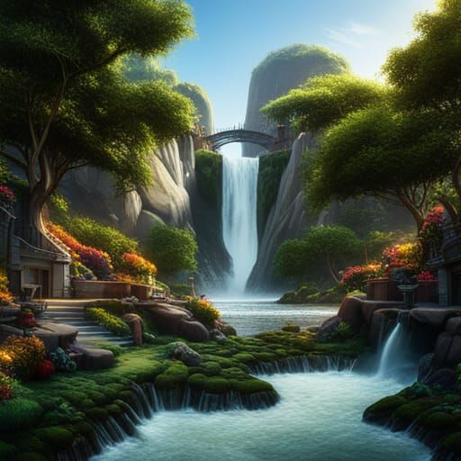 Waterfall Oasis in Urban Park: Detailed Matte Painting