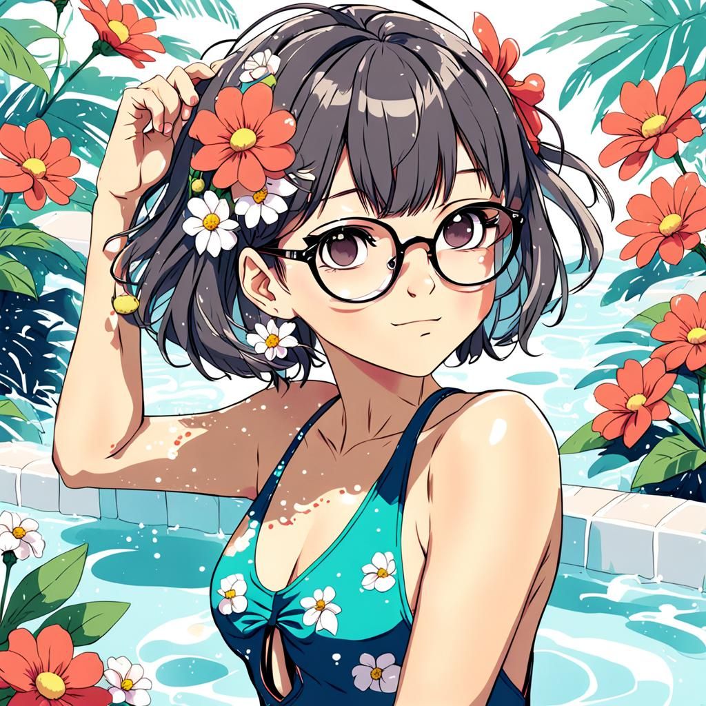 80s Anime Woman with Flowers, Hand Drawn Style