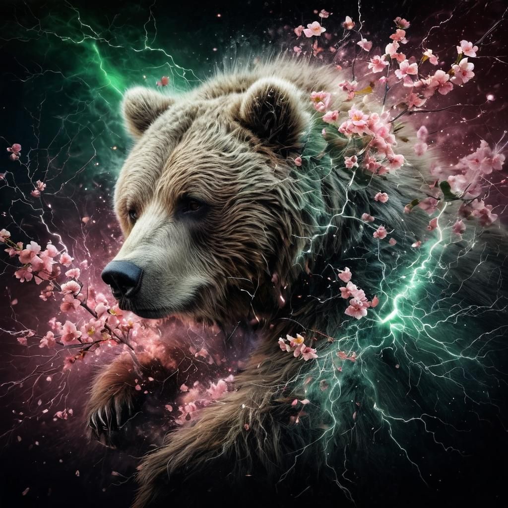 Grizzly Bear Vaporwave Art in Electric Storm