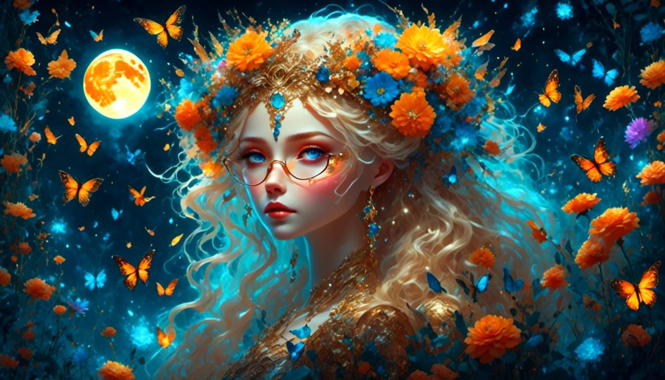 Dreamy Fairy Woman with Moon and Owl