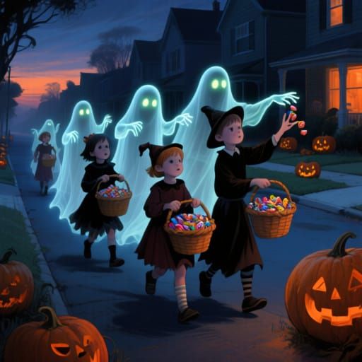 Halloween Ghosts Chase Costumed Children for Candy