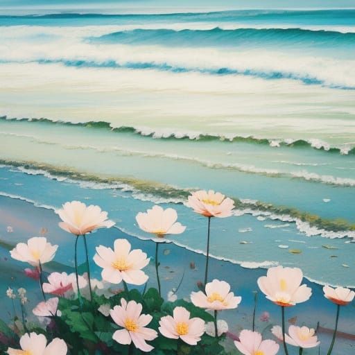 Expressionist Flowers by the Sea with Warm Sunlight