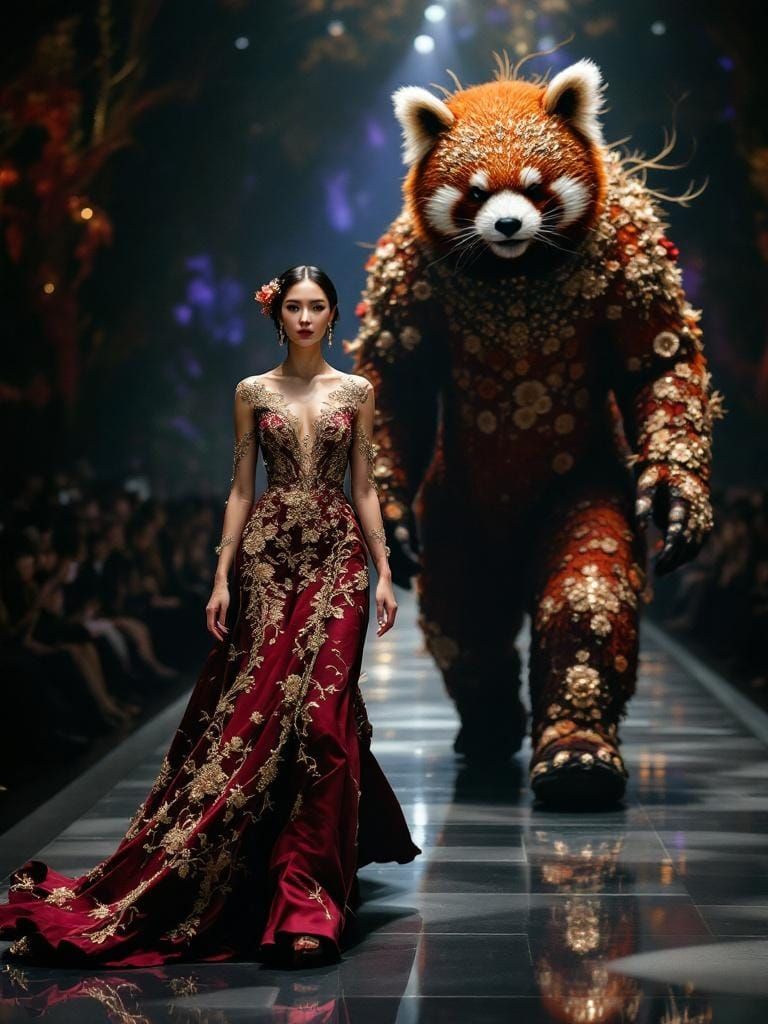 Regal Woman and Beaded Panda in Theatrical Fashion Show