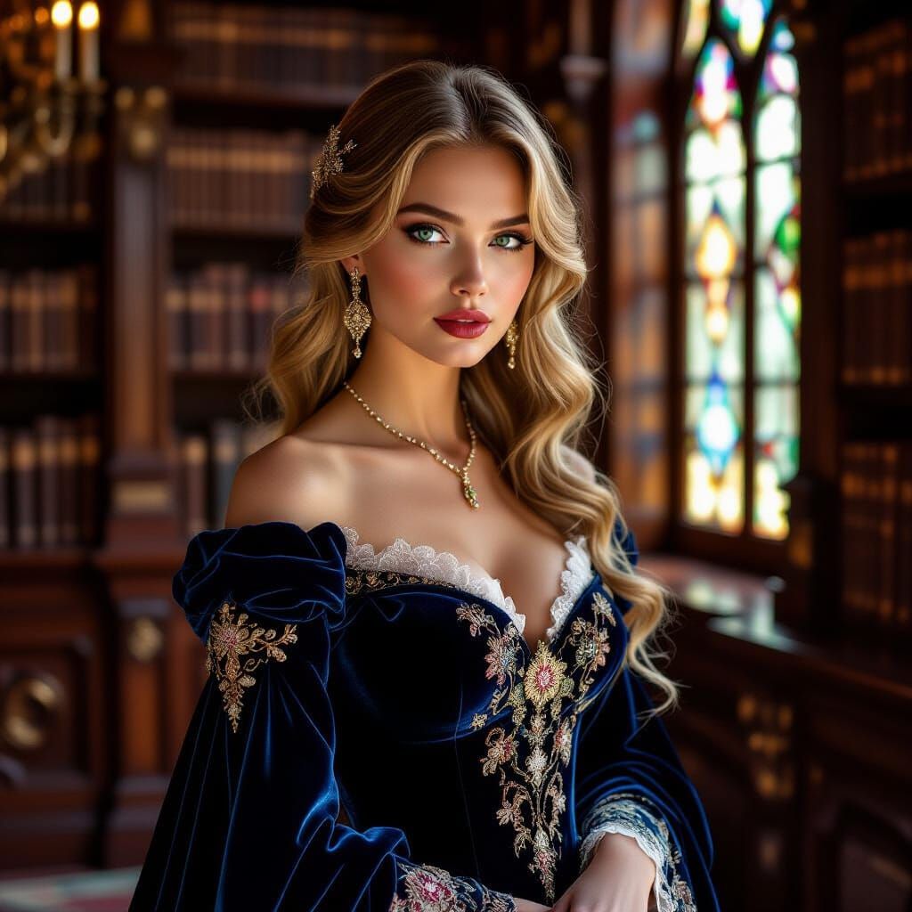 Woman in Baroque Library, a Romantic Portrait