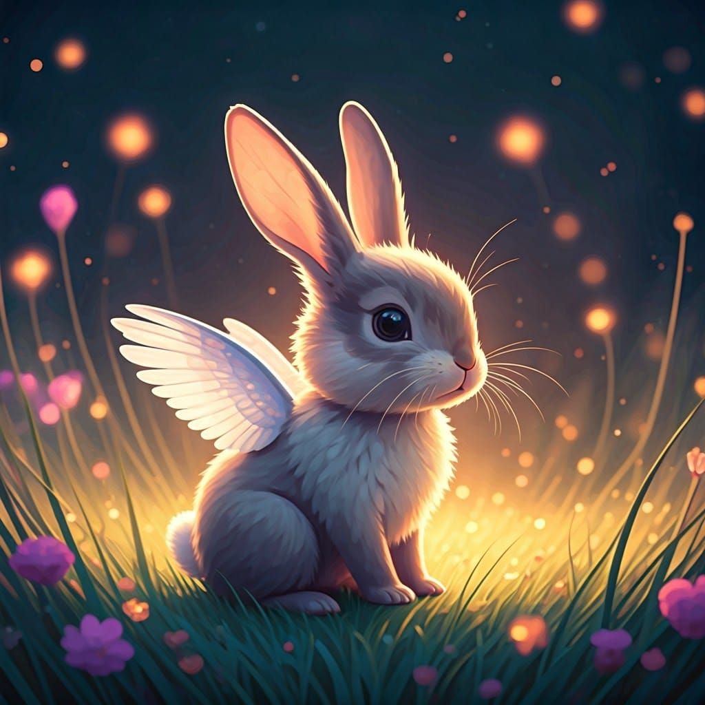 Whimsical Winged Bunny in a Dreamy Anime Landscape
