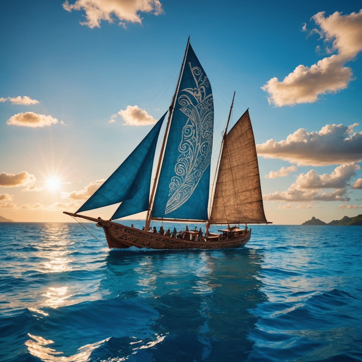 Polynesian Boat Sailing on Blue Ocean