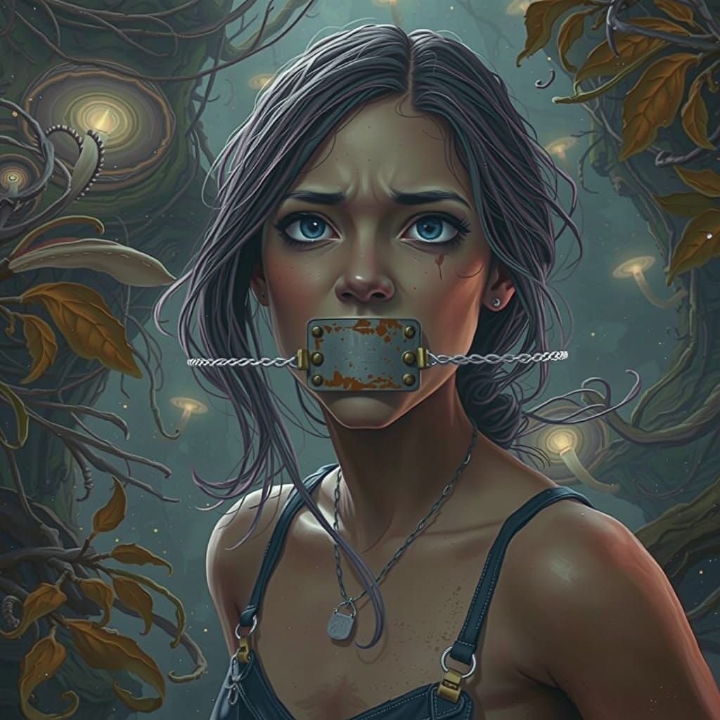 Desperate Muted Figure Trapped in Ancient Forest