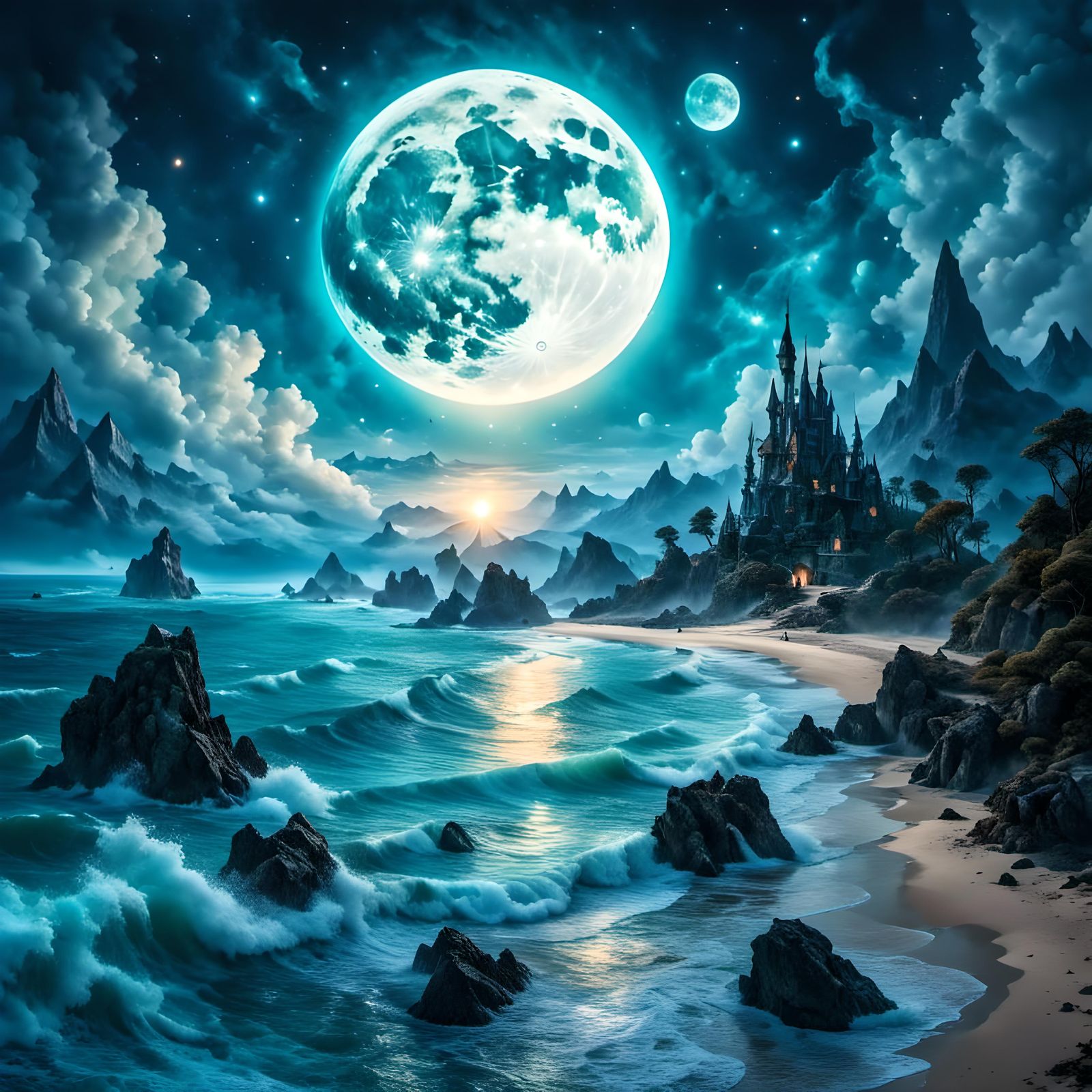 a beautiful moonlit sky landscape around a sandy beach