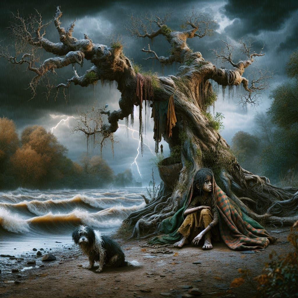 Ethereal Digital Art: Girl Sheltering From Storm