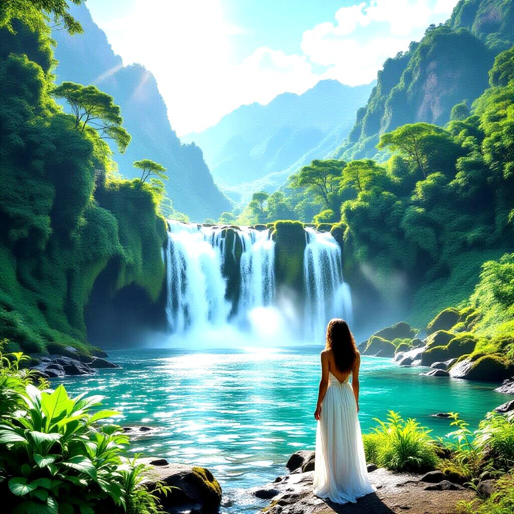 Photorealistic Waterfall in Mountains Under Summer Sunshine