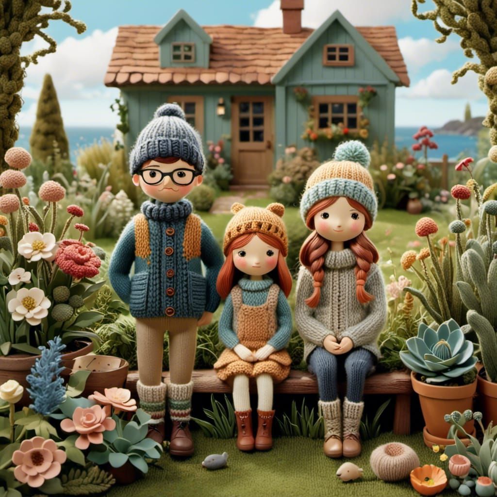 Siblings in cozy clothes before their home