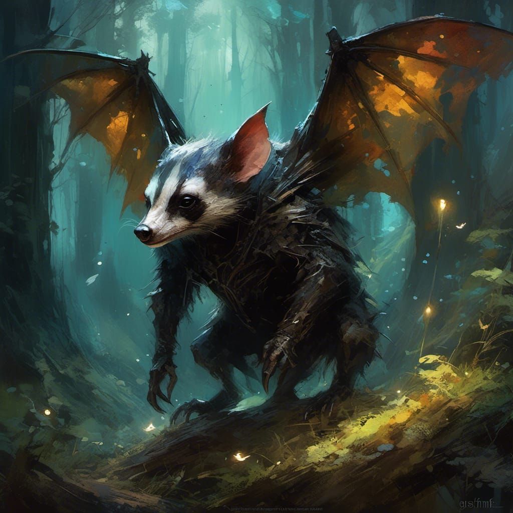 Bat Badger Hybrid in Mystical Forest, Klimt Style