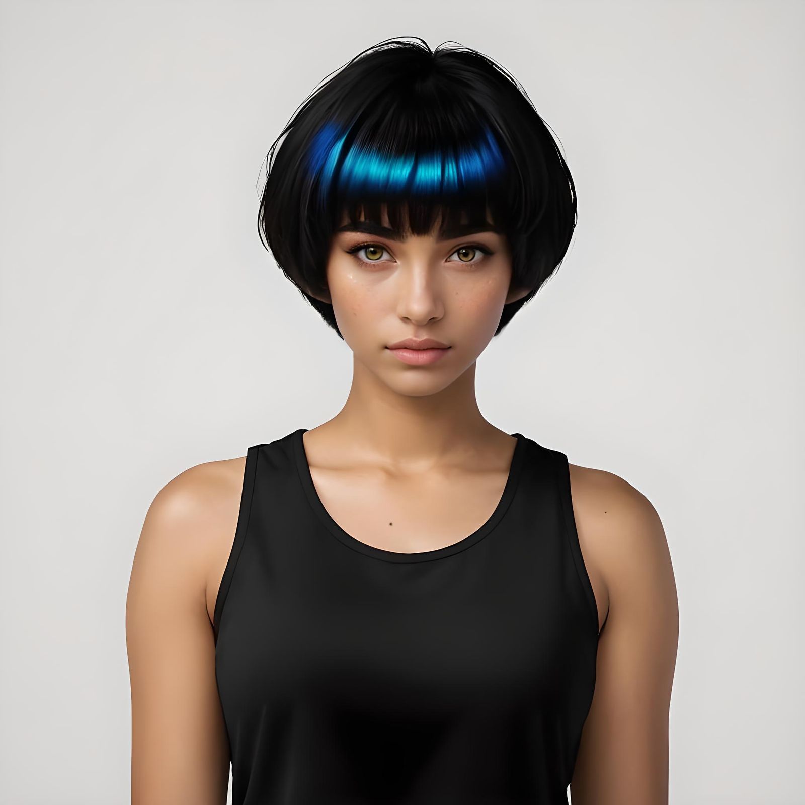 Friendly Amazonian Girl with Bowl Cut Hair