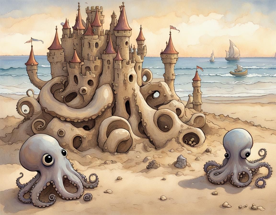 Chibi Octopus Builds Gaudi Sandcastle by Seaside